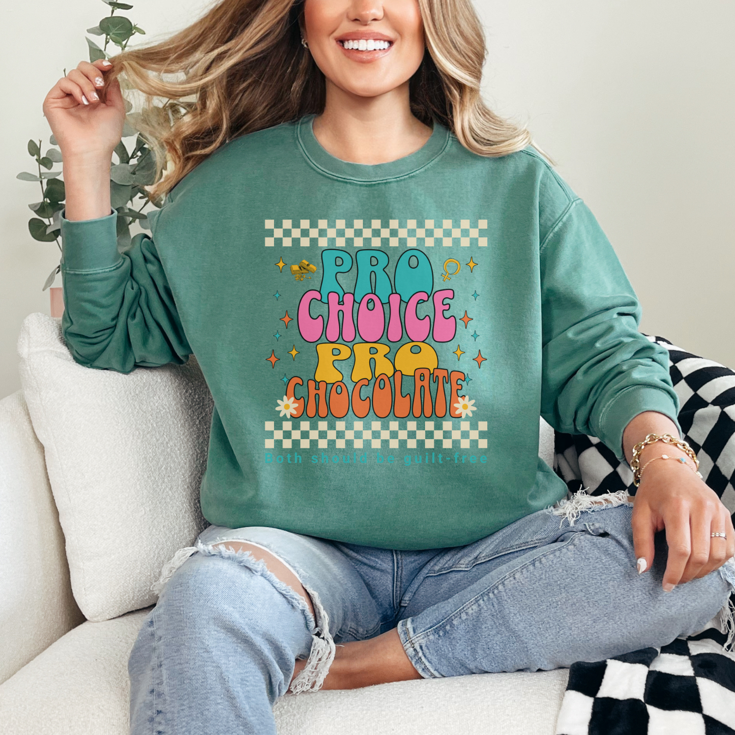 This light-green Comfort Colors sweatshirt is a fun color to match the fun retro style, while attracting attention for the serious message of women's rights. Order in quantities so all of your friends can make a collective statement for women.