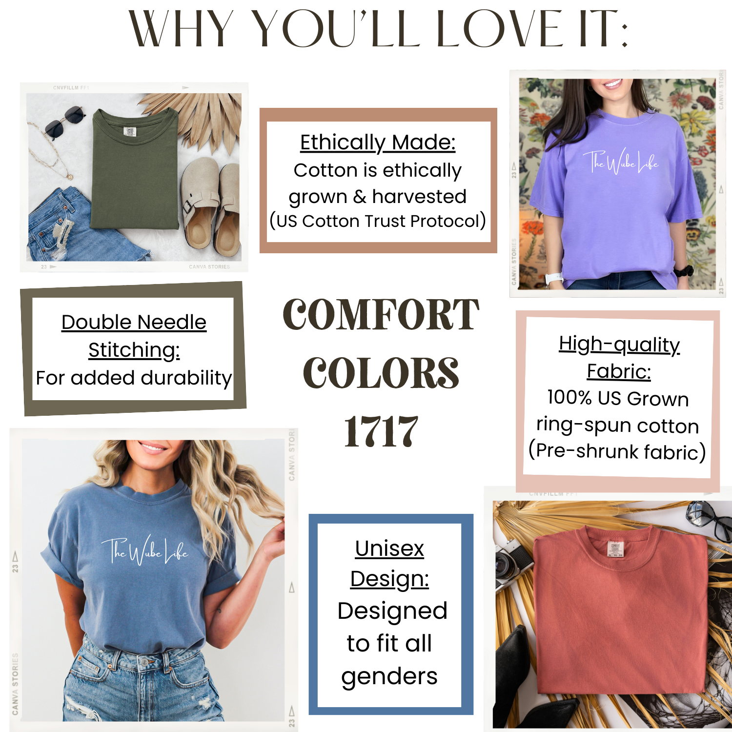 Reasons you'll love the comfort colors 1717 t-shirts from The Wube Life Design Shop: ethically made, high-quality fabric, unisex design, double-needle stitching