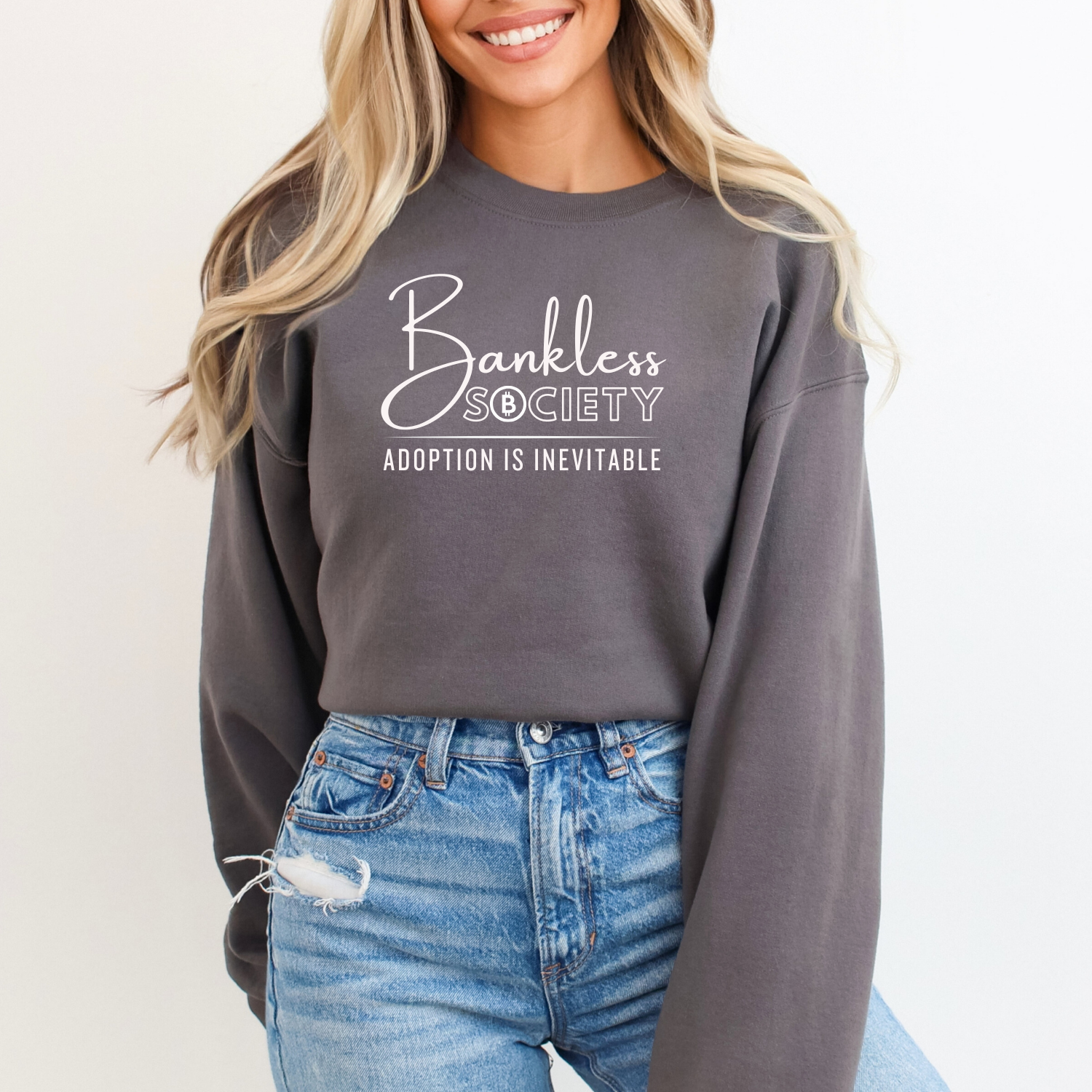 Bankless Society: Adoption is Inevitable sweatshirt for bitcoin believers and decentralization supporters. Color: charcoal.