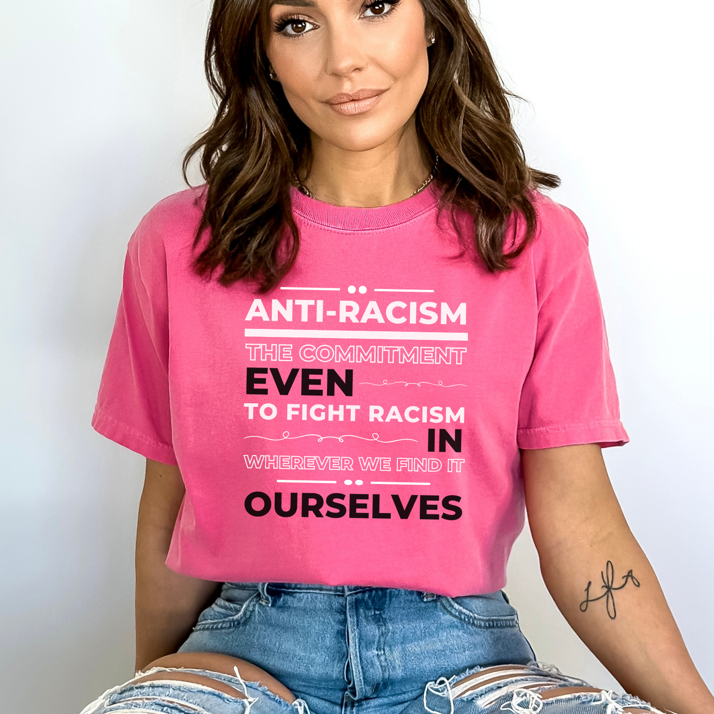 Anti-Racism Comfort Colors (unisex sizes) t-shirt in Crunchberry color. Make a statement for social justice in your fashion choices.