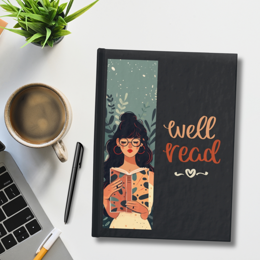 Black hardcover journal with a cute girl reading and nature/flower background that says "Well Read." Perfect gift for English major, bookish student, avid reader, Librarian, English or Reading Teacher. 