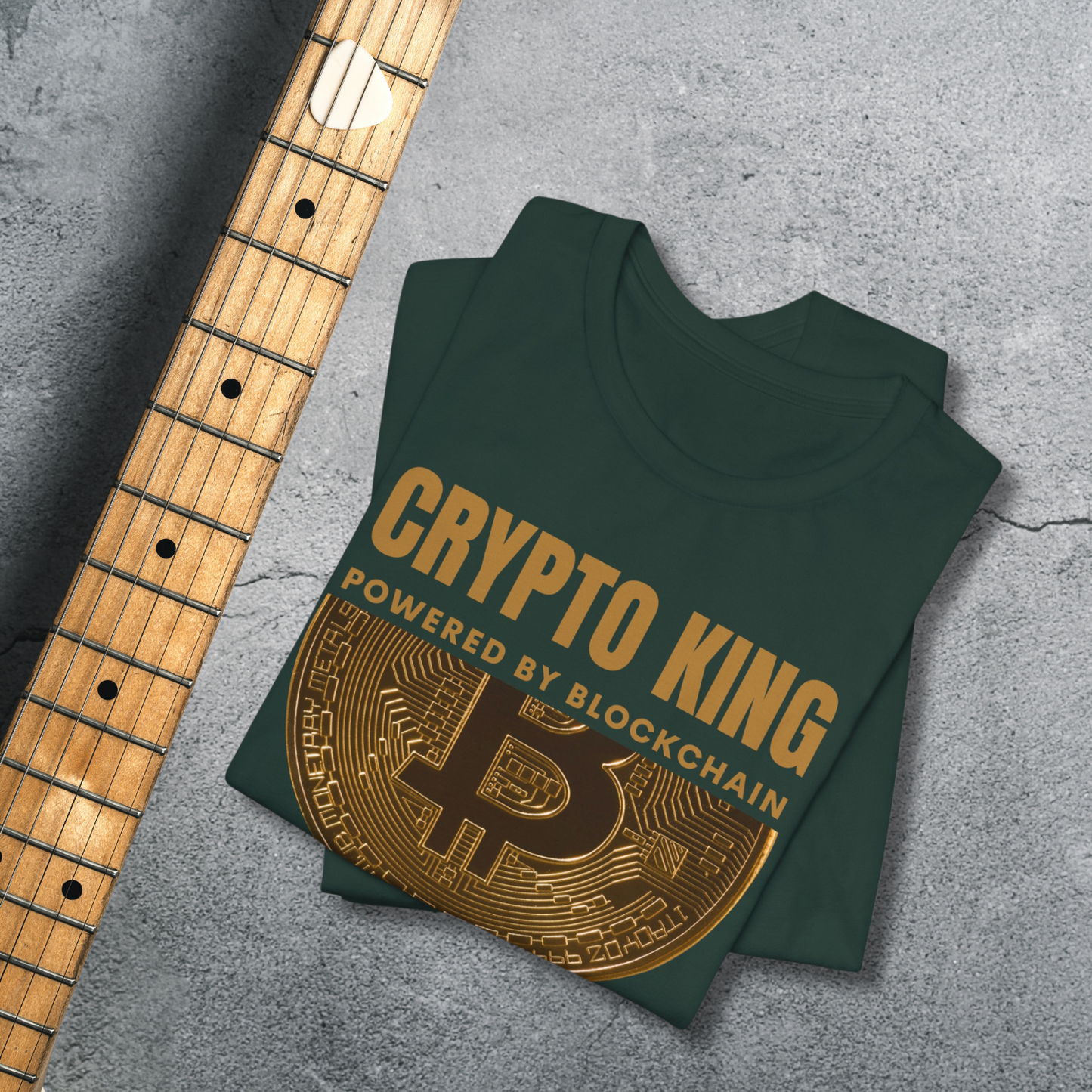 Blockchain king trendy Bella Canvas t-shirt. Gift idea for crypto currency investor in color forest.