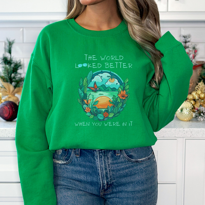 Irish Green Sweatshirt helps you keep memories alive of a special lost loved one. This heartfelt tribute tee states a simple, yet meaningful truth: The World Looked Better When You Were In It.
