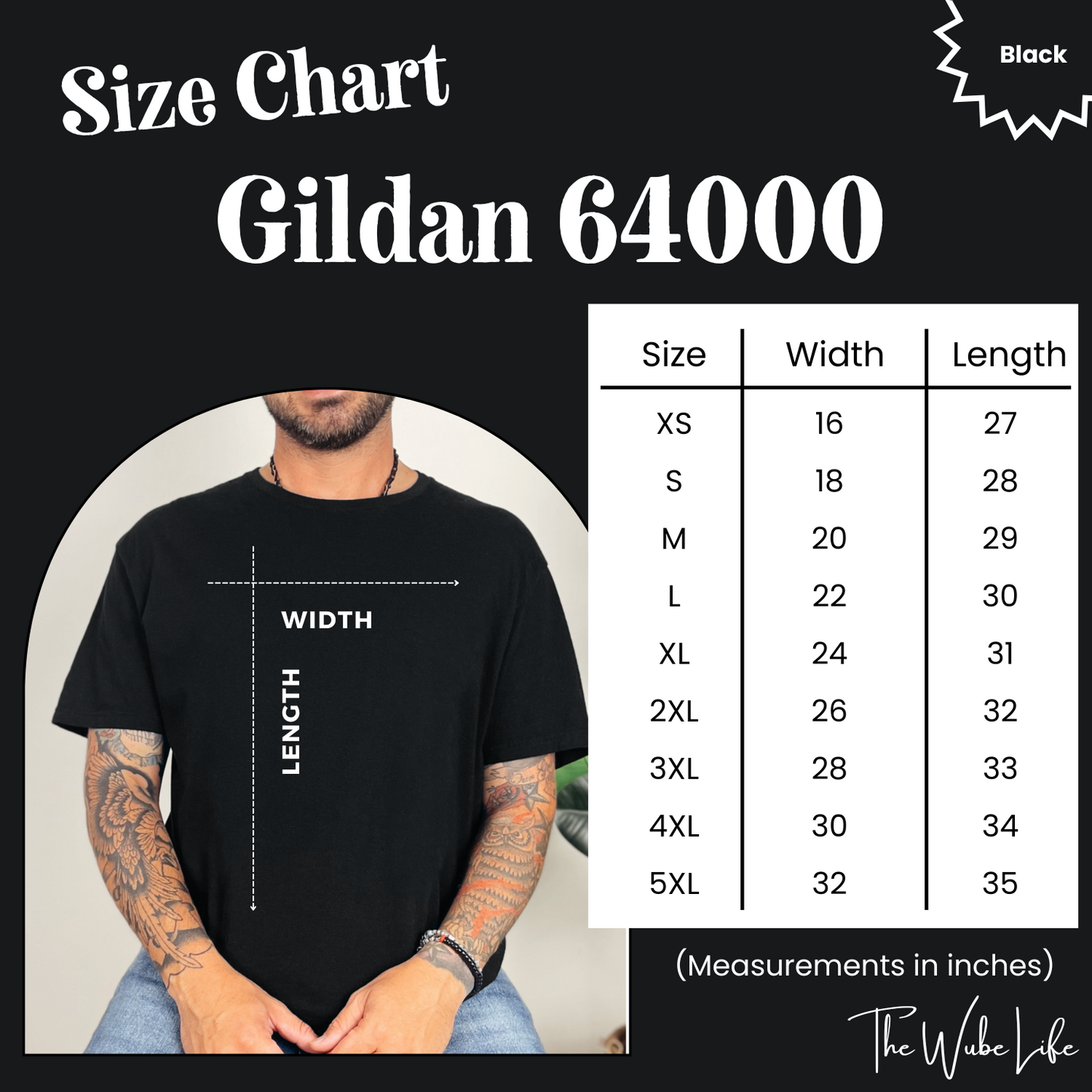 Size chart for Gildan 64000 t-shirt from The Wube Life