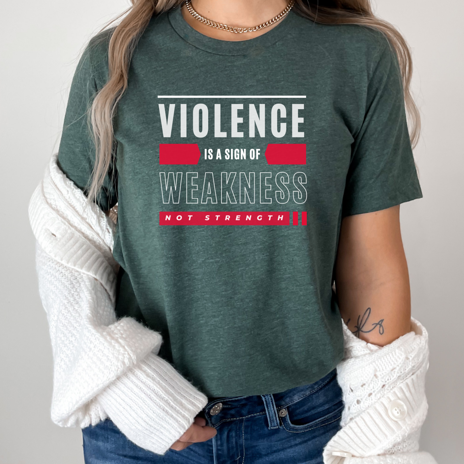 Heather Forest Bella Canvas women's tee, with an anti-violence message. 