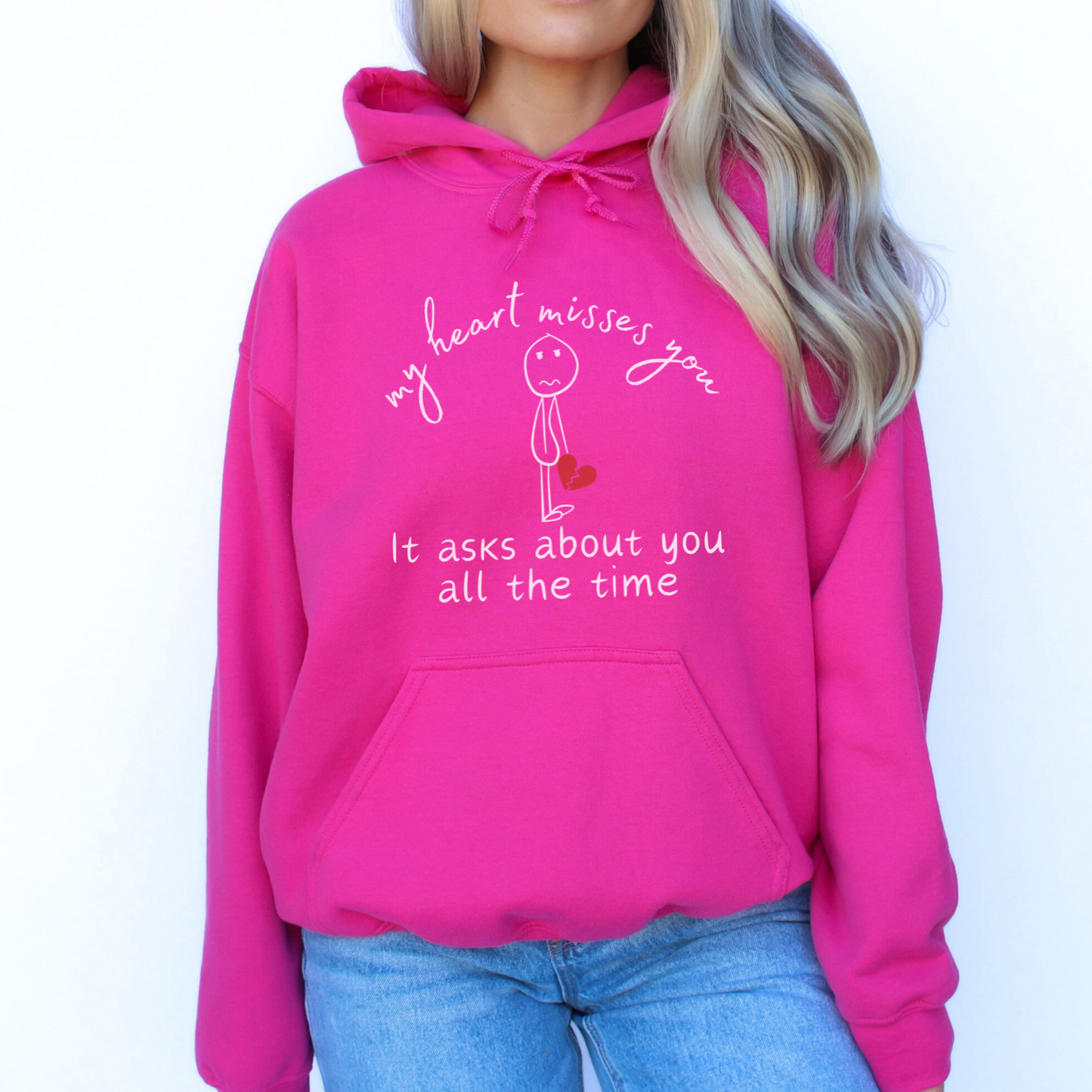 Heliconia Gildan 18500 hoodie sweatshirt - keep the memory of your loved on close with this cozy hooded sweatshirt. Heartfelt quote about missing someone with a sad stick figure that symbolizes love and loss.