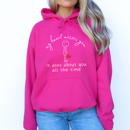 Heliconia Gildan 18500 hoodie sweatshirt - keep the memory of your loved on close with this cozy hooded sweatshirt. Heartfelt quote about missing someone with a sad stick figure that symbolizes love and loss.