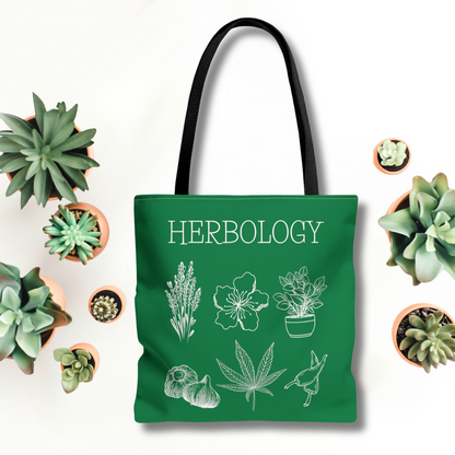 Perfect gift for those interested in magical studies. This enchanting Herbology tote bag makes a great gift for wizarding world fans. Bag is green with a black handle.