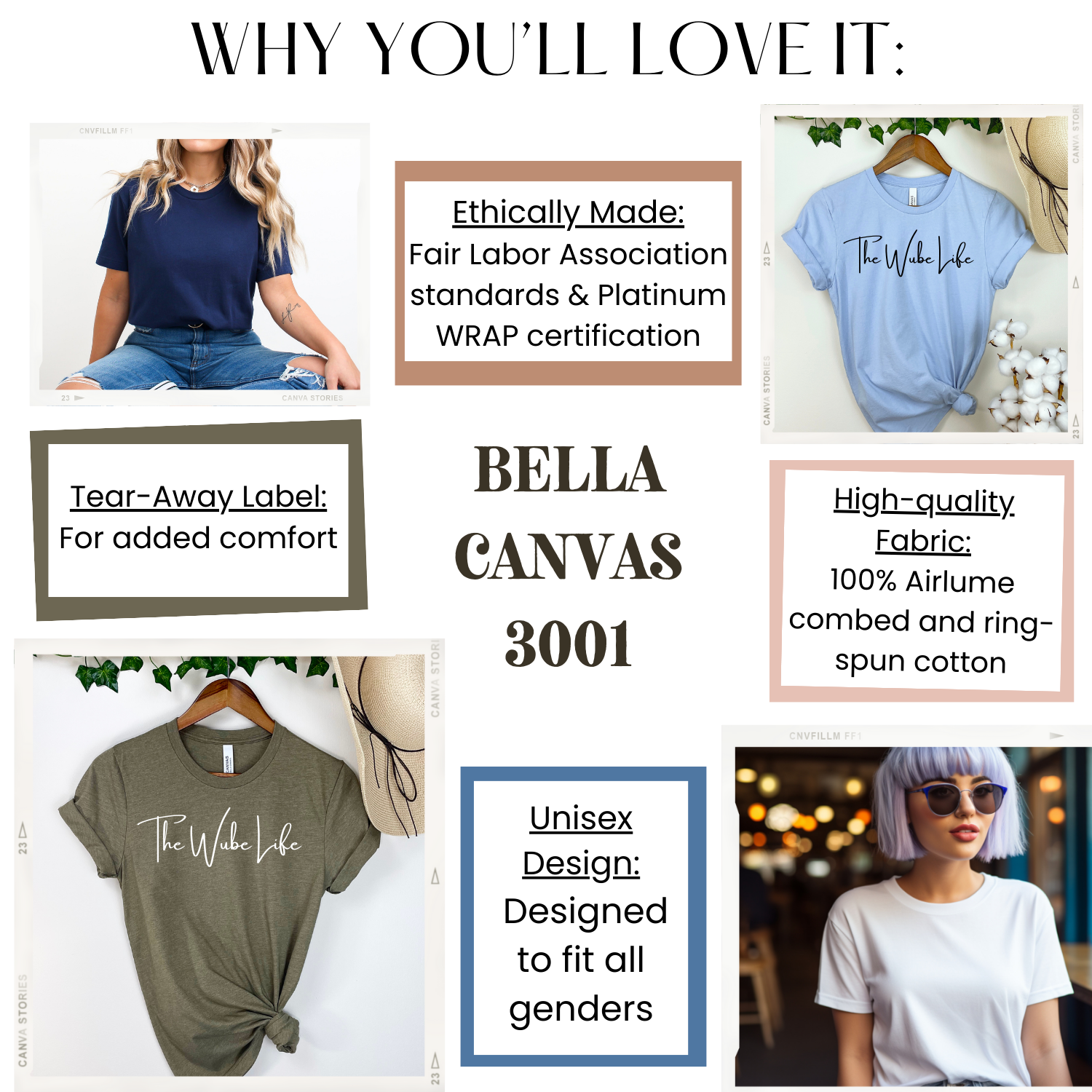 Reasons you'll love the bella canvas 3001 tee's from The Wube Life Design Shop: ethically made, high-quality fabric, tear-away label, unisex design