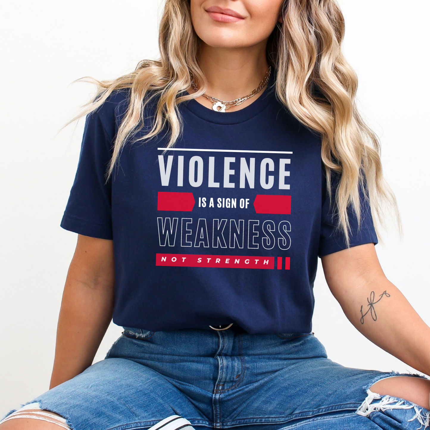 Navy anti-violence tee. No one should live in fear. End the silence and speak out against violence. 