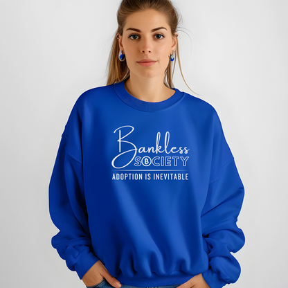 Gildan 18000 sweatshirt in color Royal with Bankless Society: Adoption is Inevitable design for digital finance enthusiasts.
