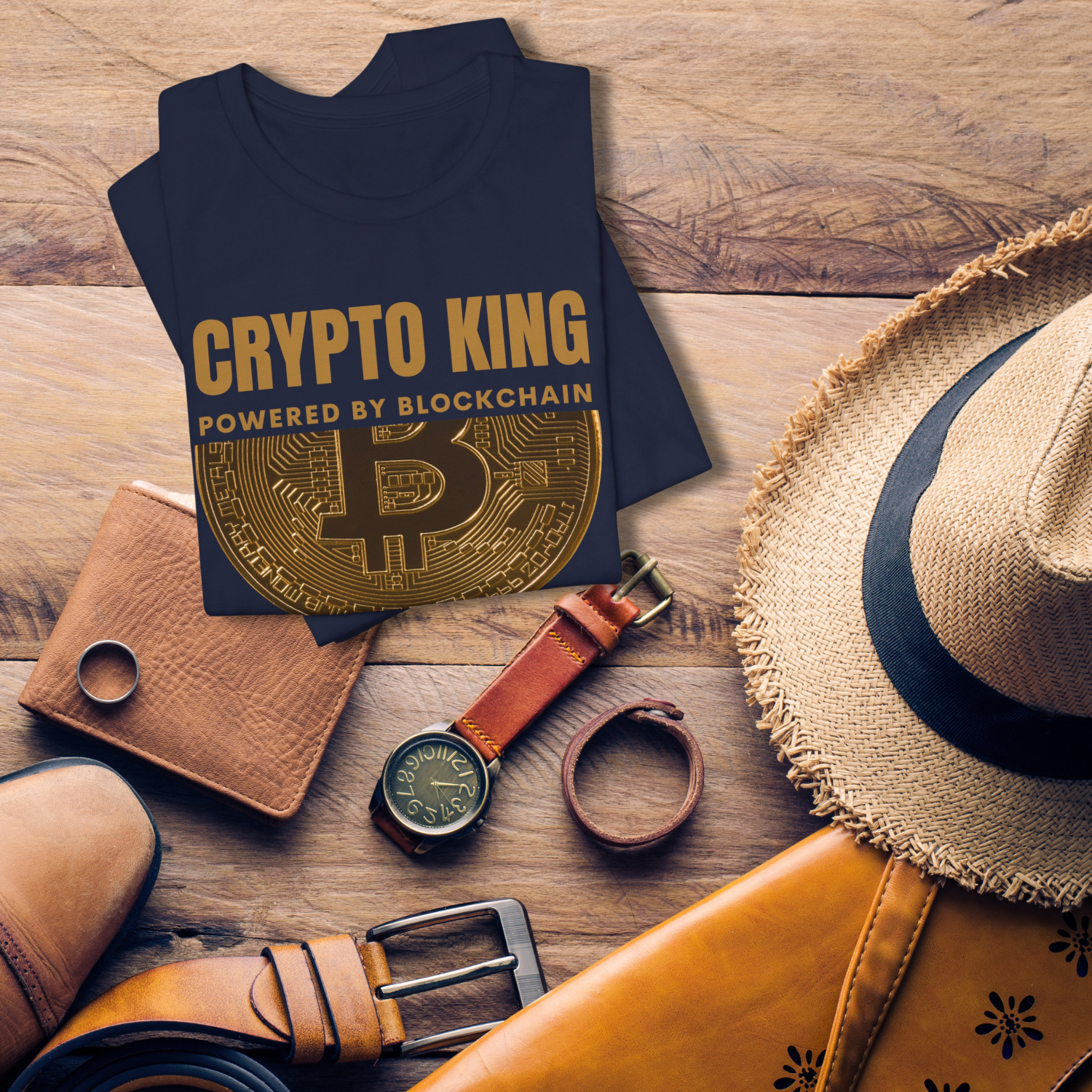 T-shirt designed for crypto currency lovers. Bella Canvas 3001 in color Navy with Crypto King bitcoin design.