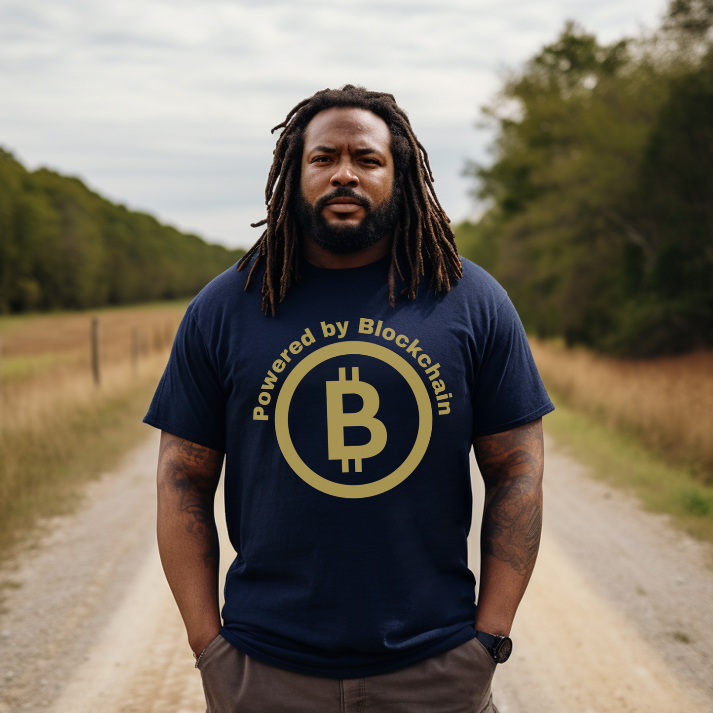 Navy unisex Bella Canvas 3001 T-shirt that says "Powered by Blockchain" with a large Bitcoin on it. Makes a perfect couples shirt or gift for men or women in finance, crypto currency investors and supporters of Blockchain technology.