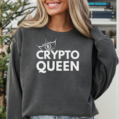 Comfortable sweatshirt for crypto currency lover. It has a crypto queen design with a bitcoin and is in color pepper.