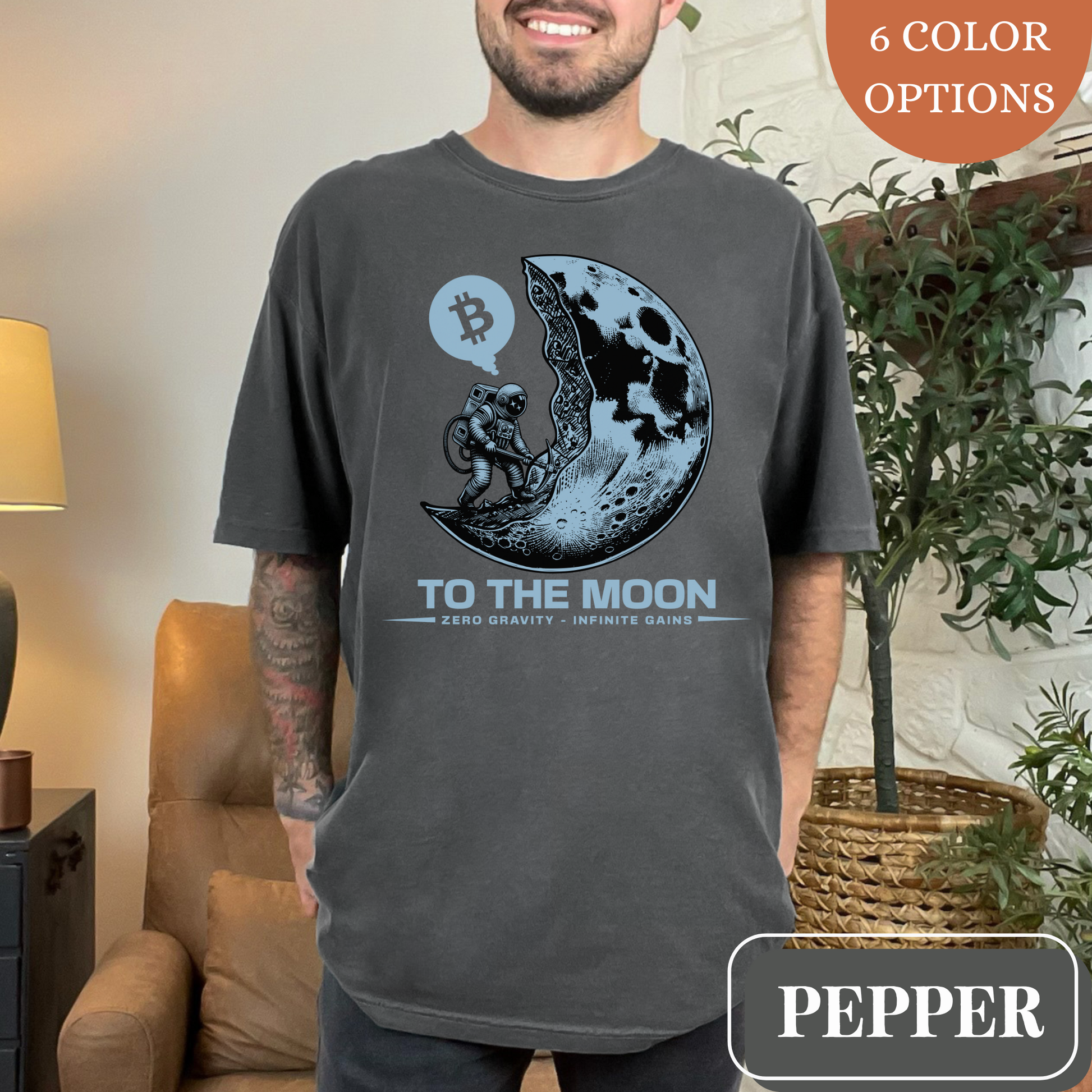 Pepper Comfort Colors 1717 T-Shirt with a large, edgy graphic of a moon and someone mining bitcoin. Perfect gift for crypto currency enthusiasts, traders, investors, and BTC lovers.