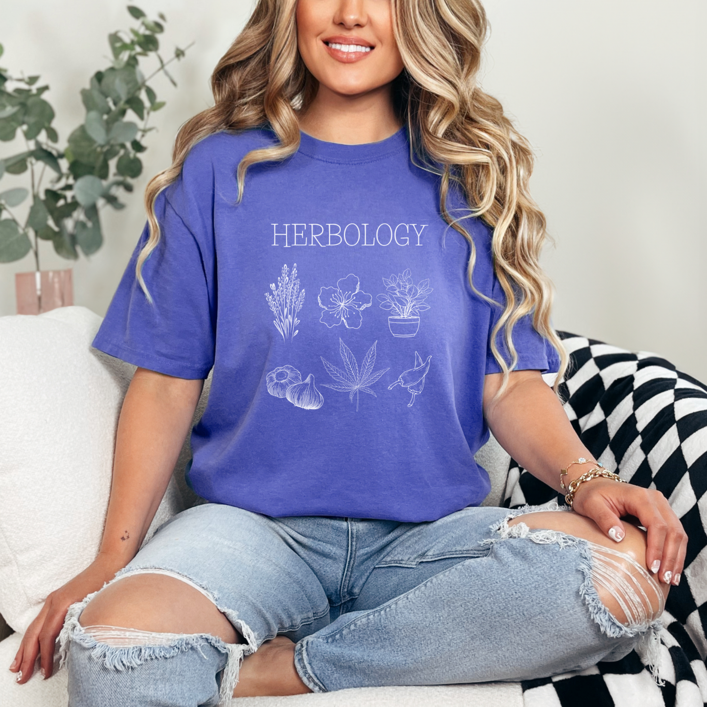 Enchanted plants tee for herbalists, witches and green thumbs. Comfort Colors 1717 in color periwinkle.