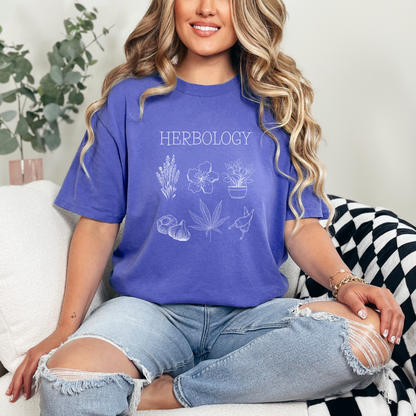 Enchanted plants tee for herbalists, witches and green thumbs. Comfort Colors 1717 in color periwinkle.