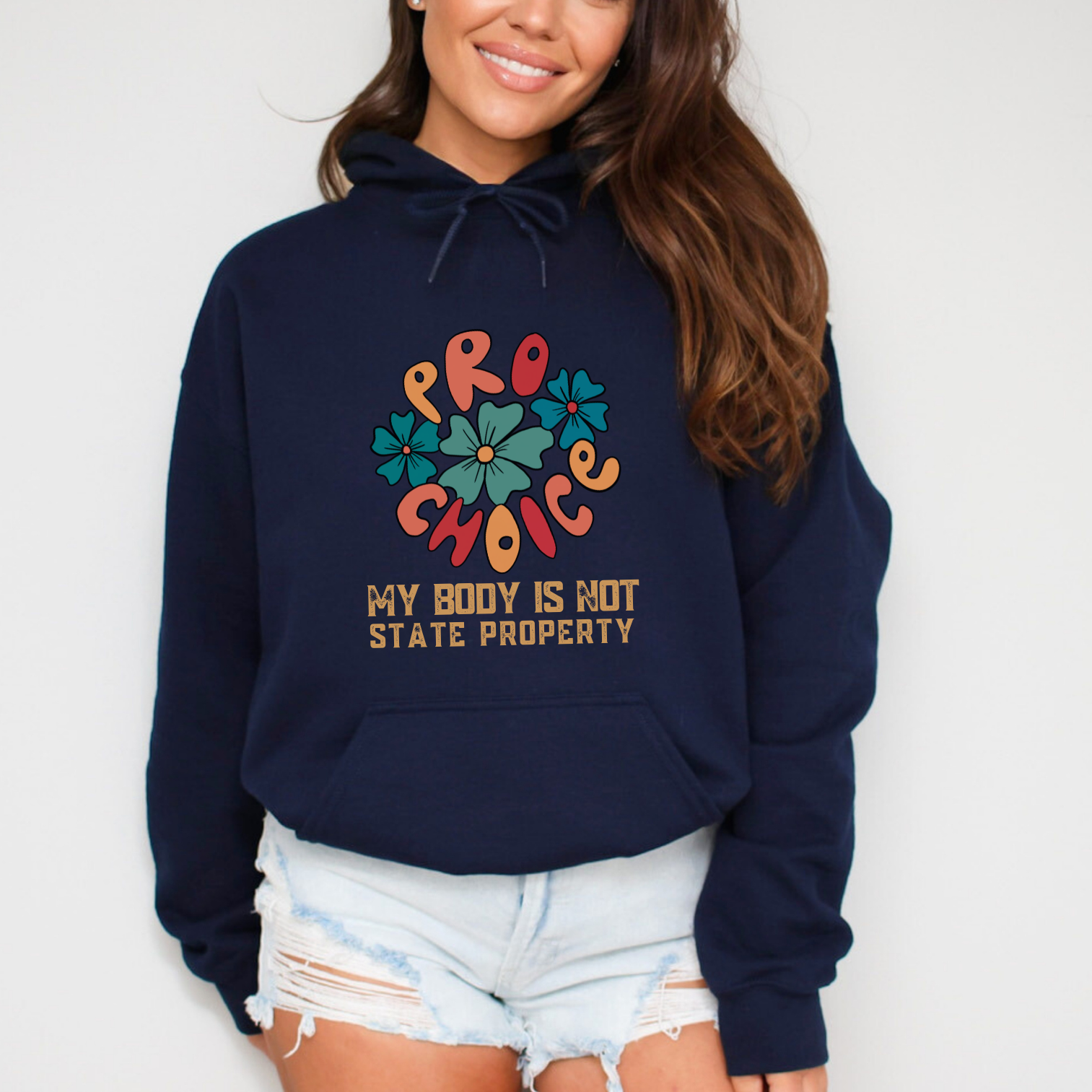 Navy pro-choice hoodie. My body is not state property