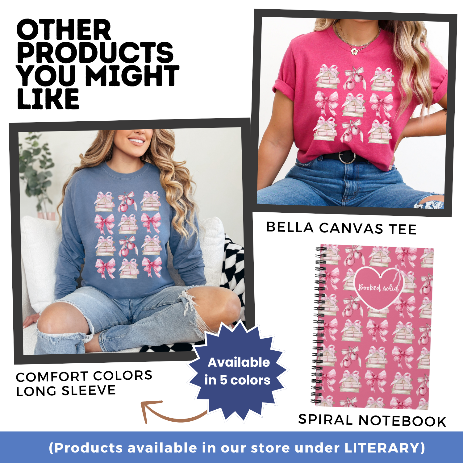 Other product and gift ideas for book lovers with a coquette style - long sleeve, t-shirt, spiral notebook.