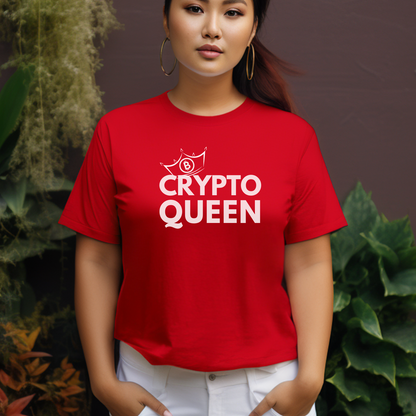 Women in finance tee for crypto currency lovers. This Bella Canvas 3001 t-shirt is in the color red and has a unique Crypto Queen design.