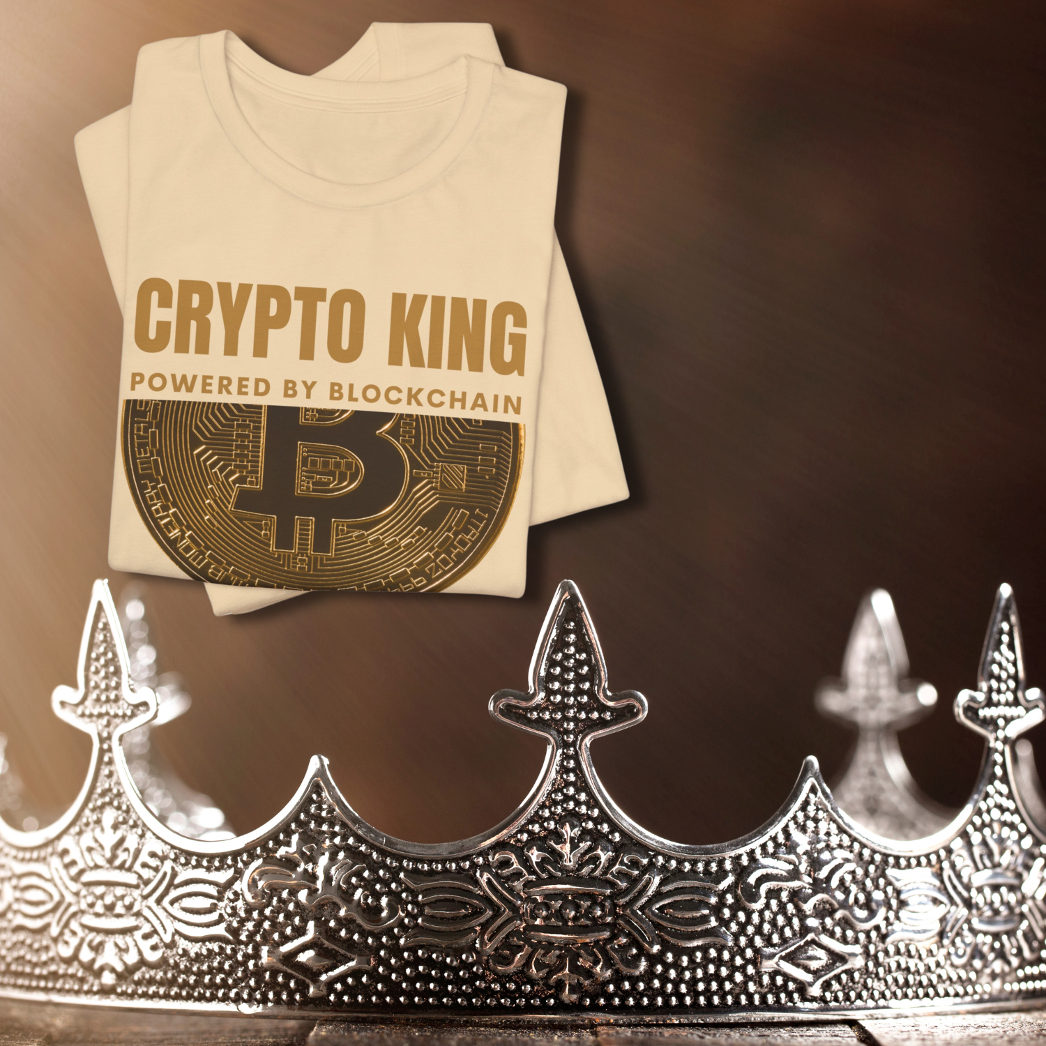Bella Canvas 3001 t-shirt in color soft cream with Crypto King and bitcoin graphic. Perfect for supporters of decentralized finance.