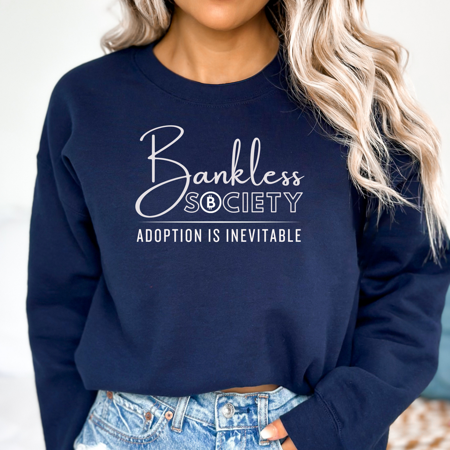 Navy sweatshirt with crypto currency design for supporters of digital finance and a bankless society.
