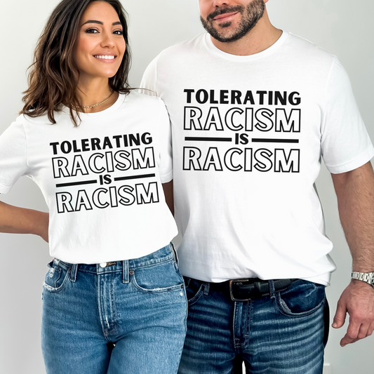 White Bella Canvas 3001 T-shirt that says "Tolerating Racism Is Racism" in a bold black font. Perfect gift for the activist in your life supporting Black Lives Matter, equality, and social justice for all. Wear it to a protest, rally or in every day life as a conversation starter.