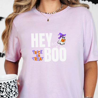 Lilac Hey Boo Halloween t-shirt with an adorable ghost reading with a witches hat on, and paw prints leading up to it. Trick or Treat.