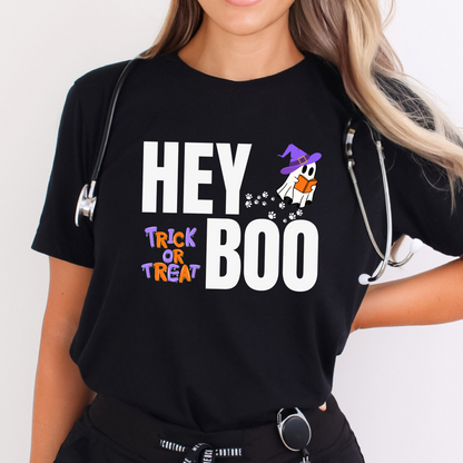 Black Hey Boo Halloween t-shirt with an adorable ghost reading with a witches hat on, and paw prints leading up to it. Trick or Treat.