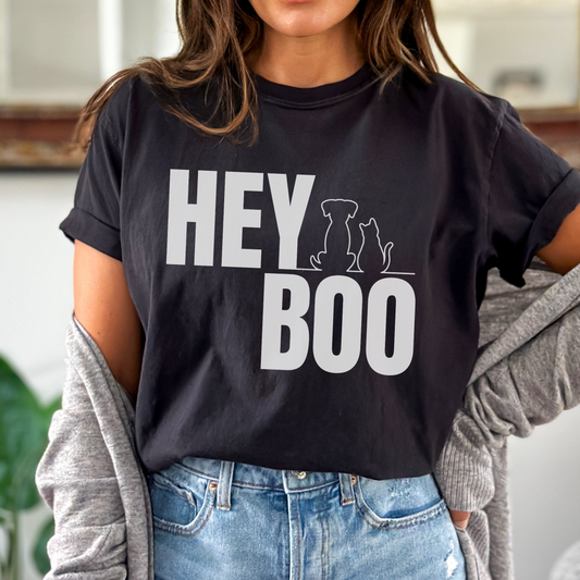 Black Comfort Colors 1717 T-shirt that says "Hey Boo" in a large, bold font. It has a dog and cat silhouette and makes a great gift for dog and/or cat lovers, pet owners, vet techs and veterinarians.