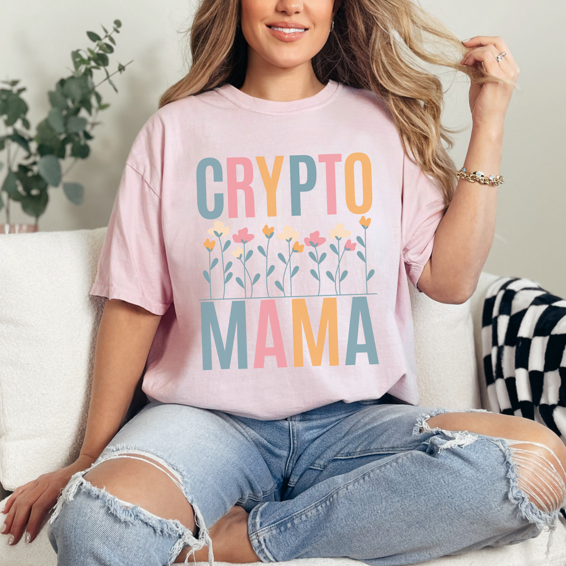 Blossom Comfort Colors 1717 T-shirt that says "Crypto Mama" with a color set of flowers. Perfect gift for your wife, girlfriend, sister, or friend that works in finance and supports crypto currency. The future of banking is blockchain.