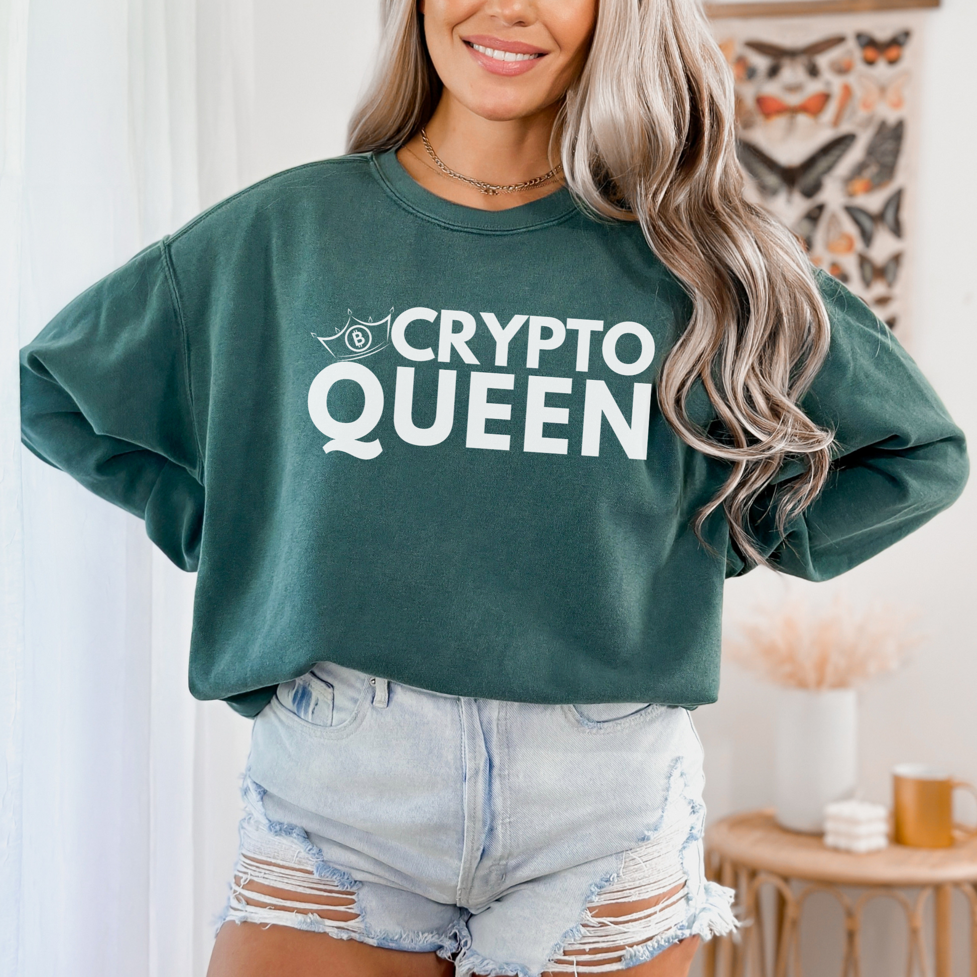 Blue Spruce Comfort Colors 1566 Sweatshirt that says "Crypto Queen" with a Bitcoin crown. Perfect gift for women in finance and tech, supports of crypto currency and those that see the future of banking is digital - blockchain.