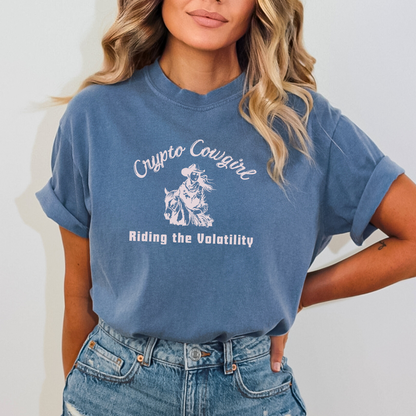 Blue Jean Crypto Cowgirl Comfort Colors t-shirt. Crypto's Wild Ride? This cowgirl's got it handled.