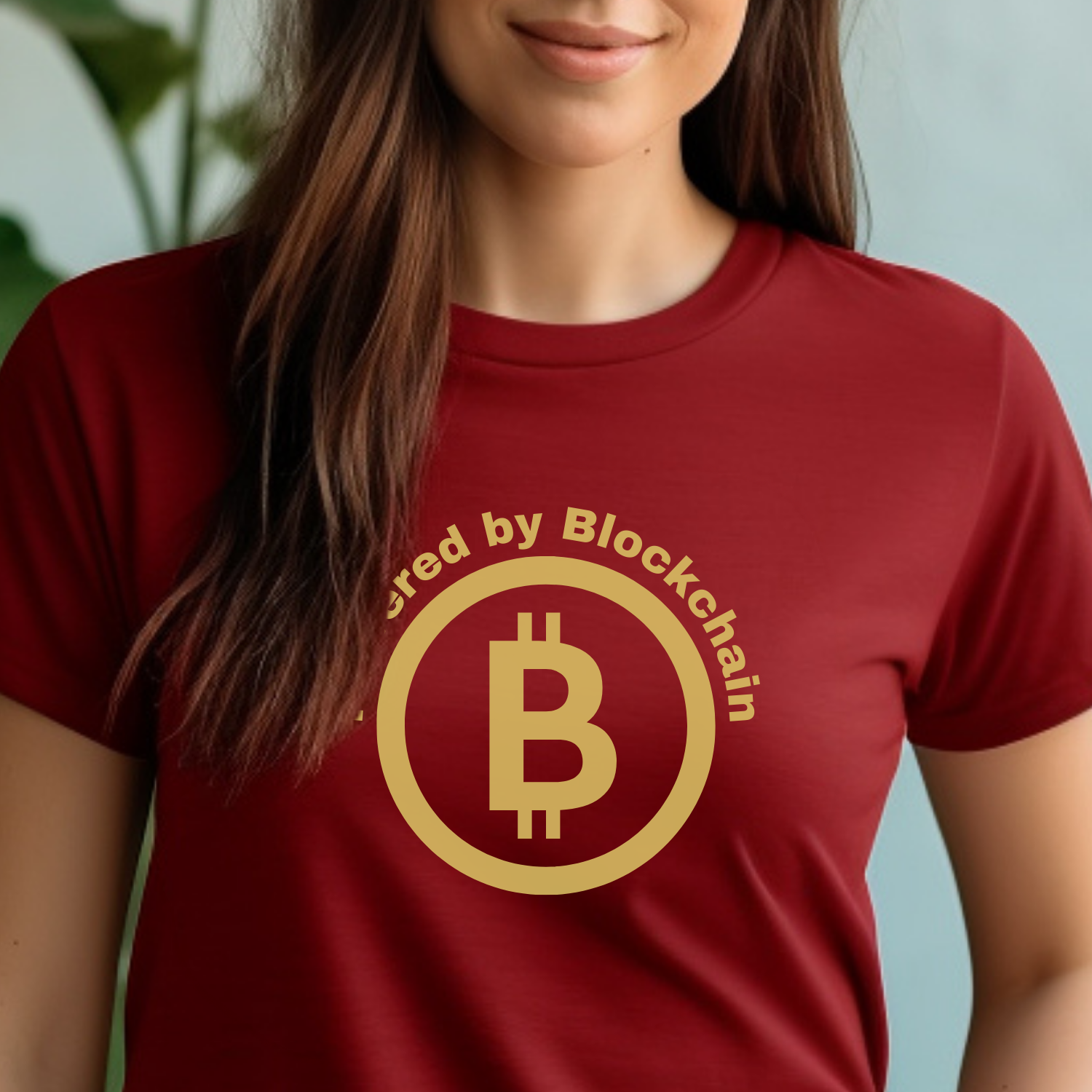 Canvas Red crypto t-shirt highlights the bitcoin message. Powered by Blockchain