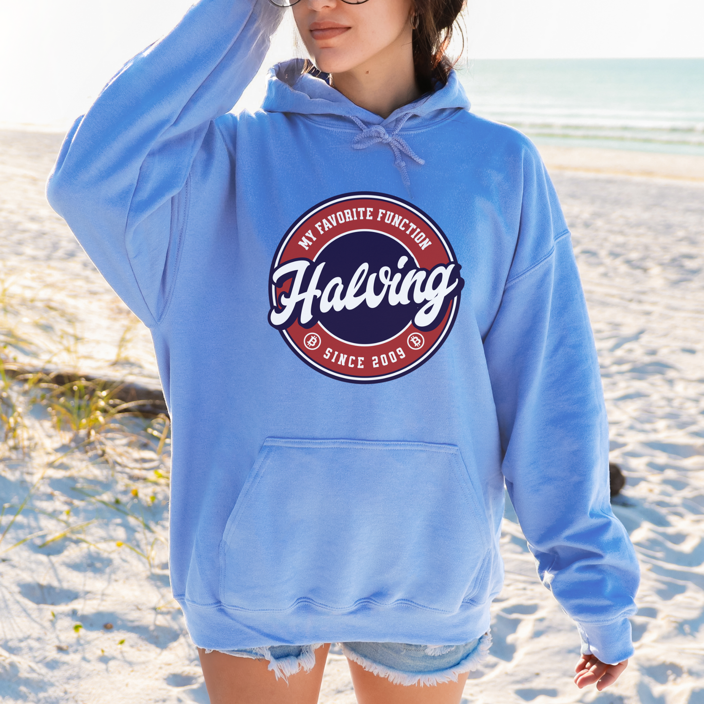 Carolina Blue Gildan 18500 Hoodie sweatshirt that says "Halving Is My Favorite Function - since 2009" - support the future of banking with digital currency. Perfect gift for bitcoin enthusiasts, investors, and blockchain lovers.