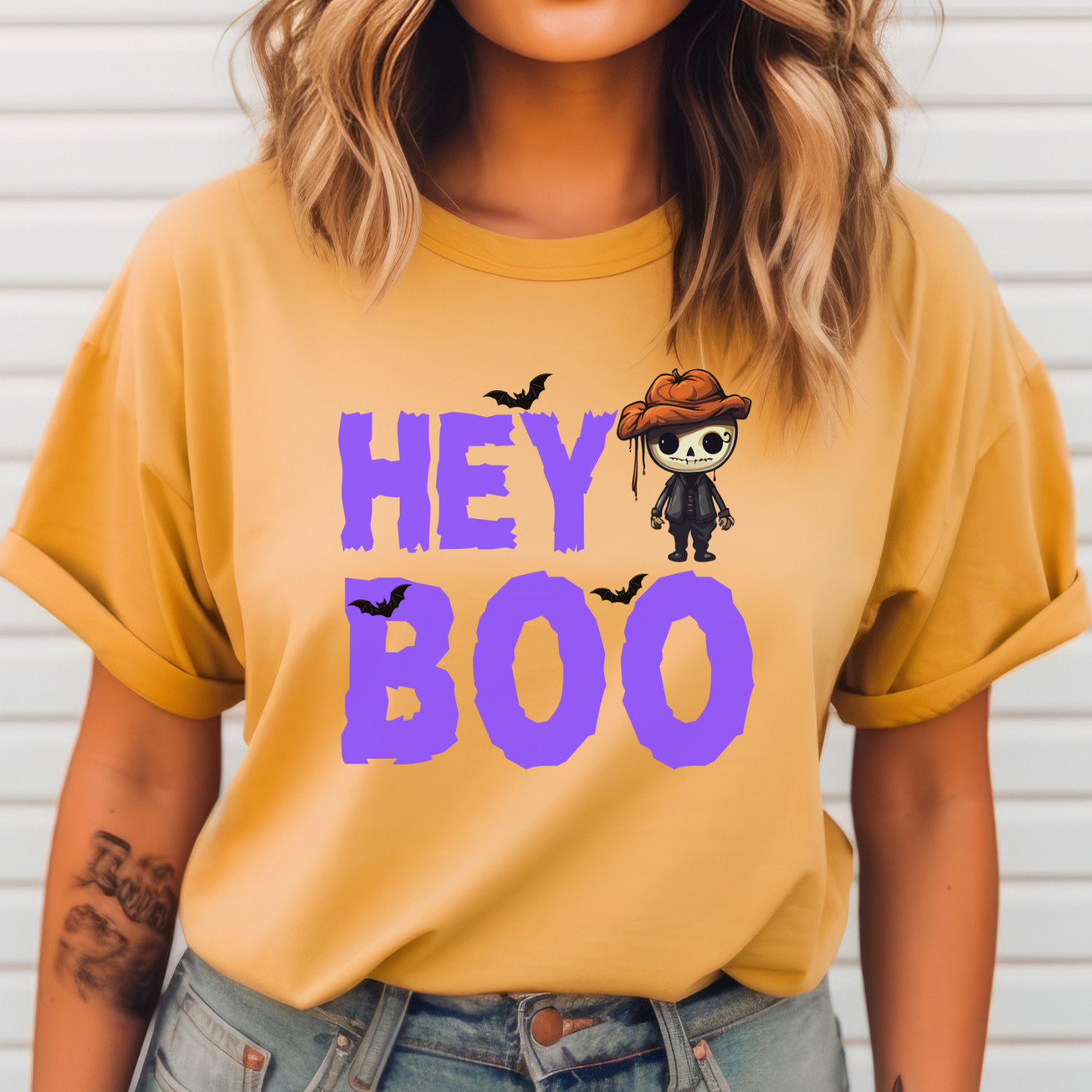 Cirtus Comfort Colors Halloween t-shirt from our Hey Boo Collection, featuring a cute pumpkin-head skeleton and bats graphic.