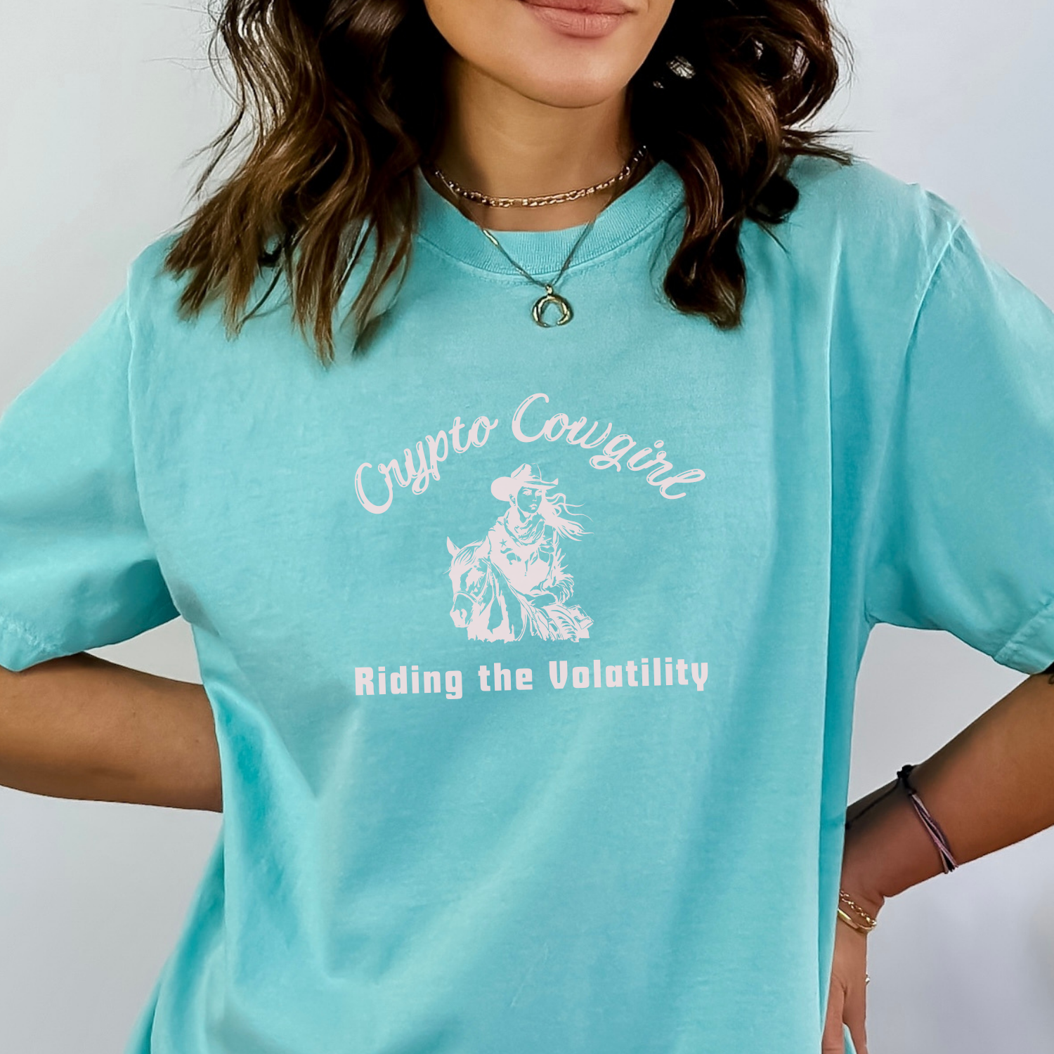 Chalky Mint Comfort Colors Crypto Cowgirl tee. Tame the Crypto Wild West: Cowgirl Style.