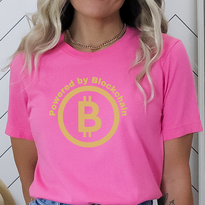 Charity pink tee, rocking the crypto message. The future of finance is destined to be Powered by Blockchain.