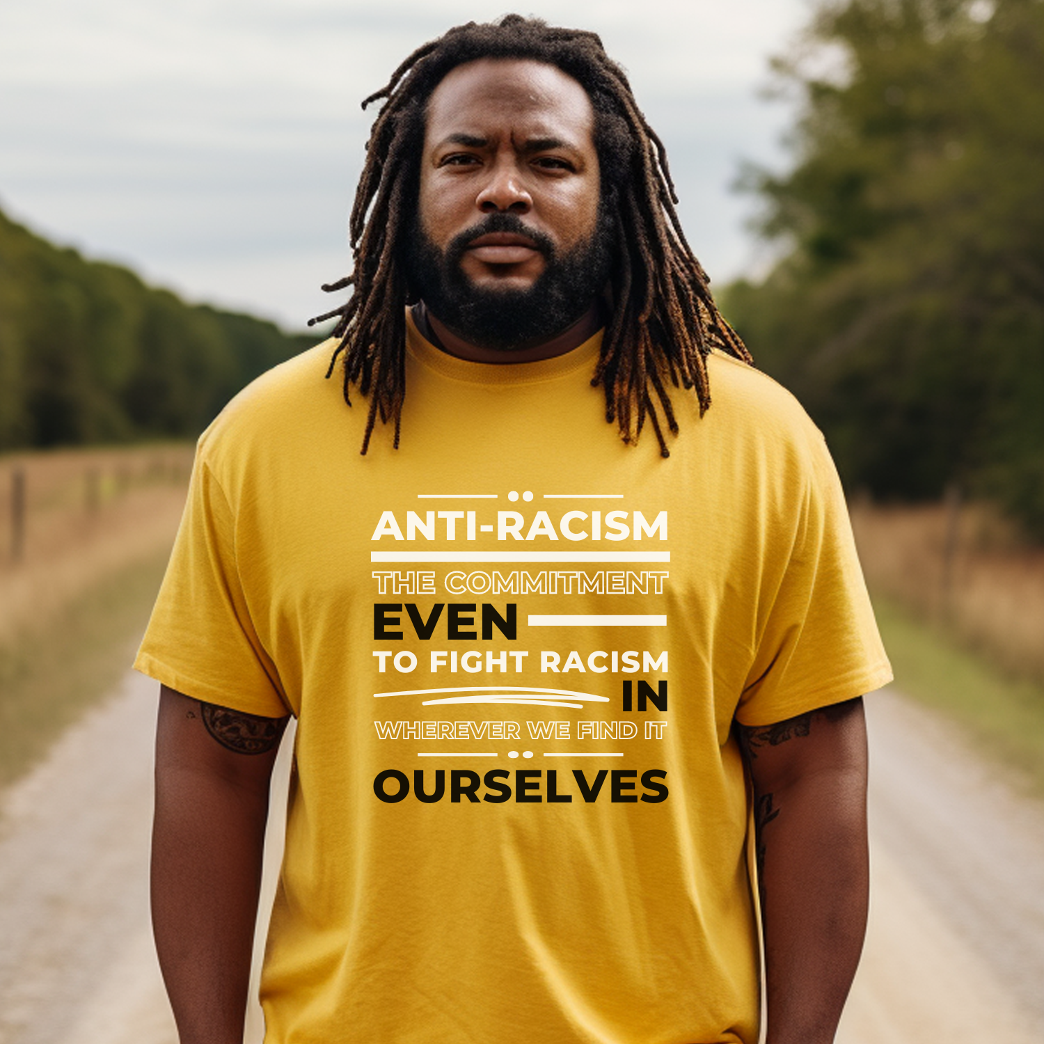 When you wear this citrus-colored men's tee with an anti-racism commitment design, you'll send a clear message that your are willing to stand up and speak out for social justice and racial equality.