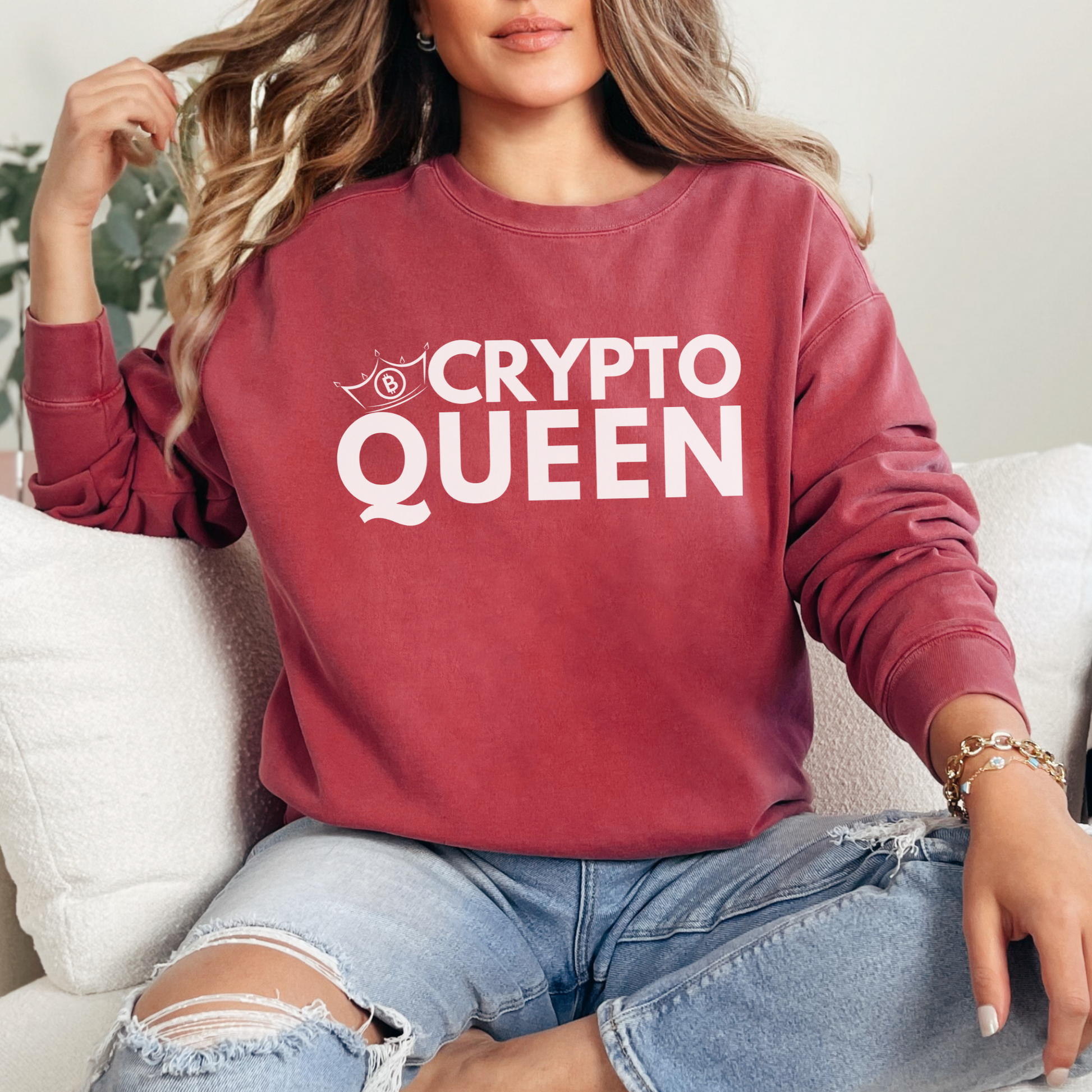 Crimson Comfort Colors 1566 Sweatshirt that says "Crypto Queen" with a Bitcoin crown. Perfect gift for women in finance and tech, supports of crypto currency and those that see the future of banking is digital - blockchain.