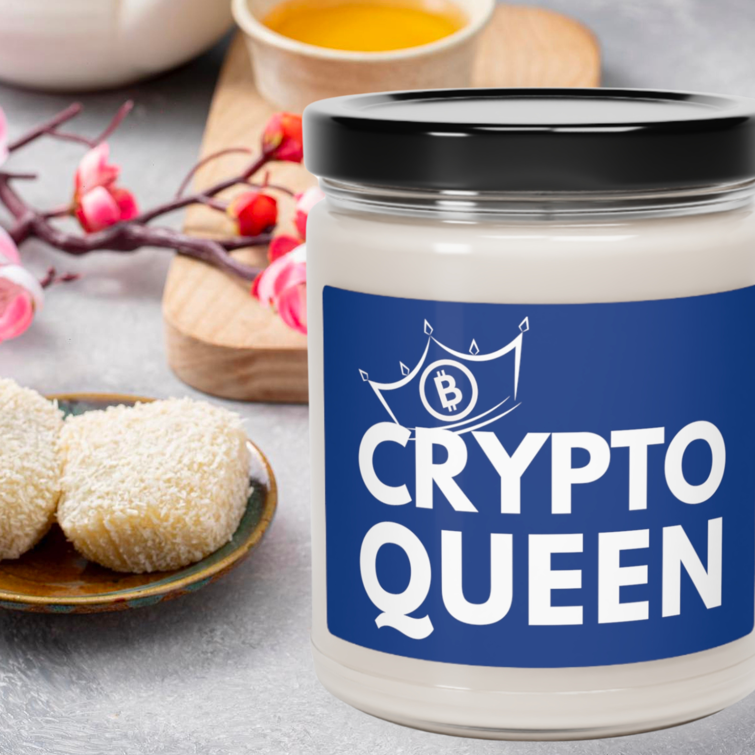 Crypto Queen scented soy candle, available in 9 scents and a fragrance-free option.