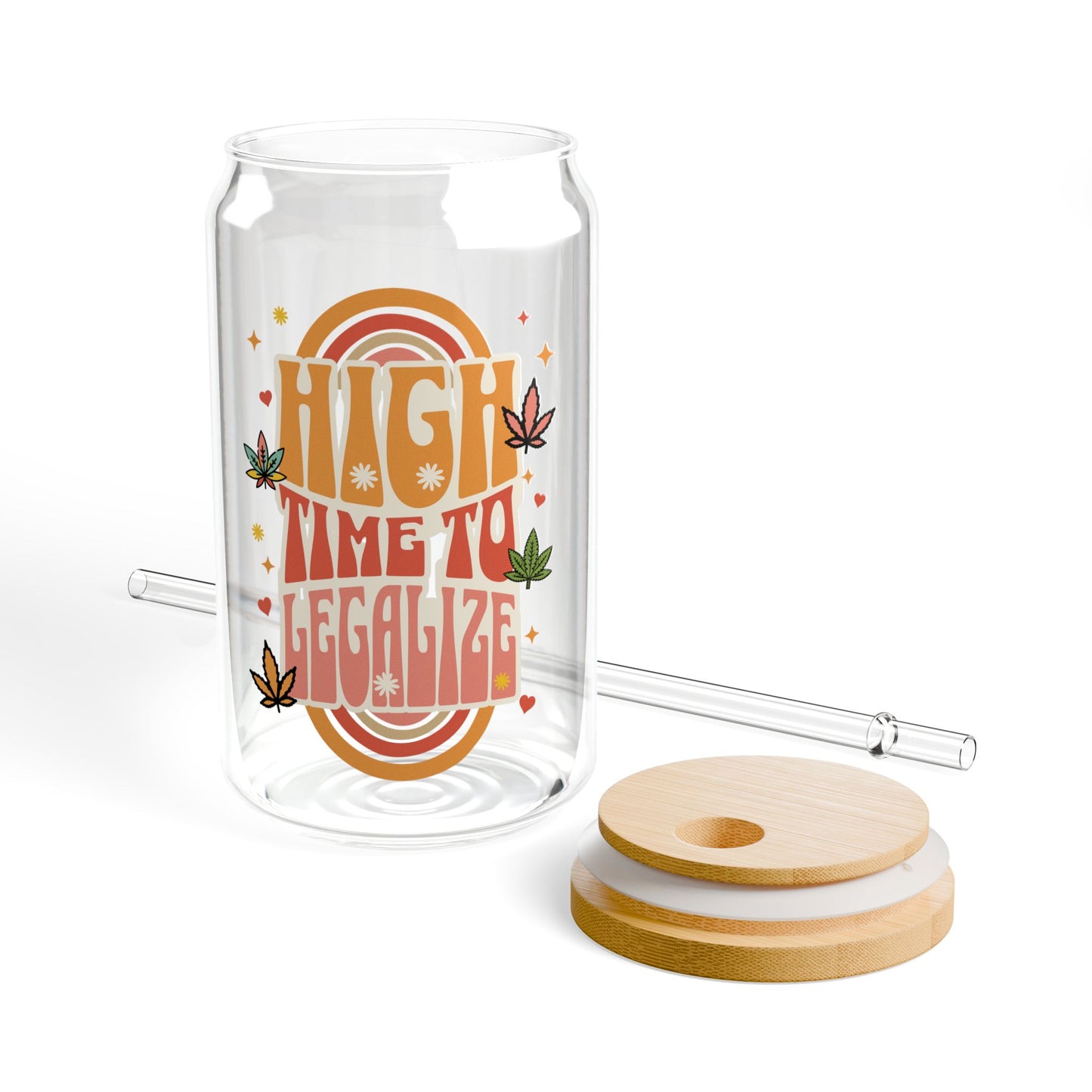 Glass Sipper Cup with Bamboo lid and reusable straw, featuring a retro design and the saying High Time To Legalize. Cute funny gift for progressive liberal friend and family. Unique Christmas stocking stuffer.