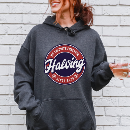 Dark Heather Gildan 18500 Hoodie sweatshirt that says "Halving Is My Favorite Function - since 2009" - support the future of banking with digital currency. Perfect gift for bitcoin enthusiasts, investors, and blockchain lovers.