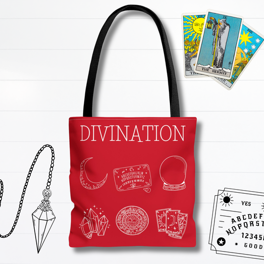 Red Divination Tote Bag with black handle. Perfect tote to carry all your mystical essentials in style.