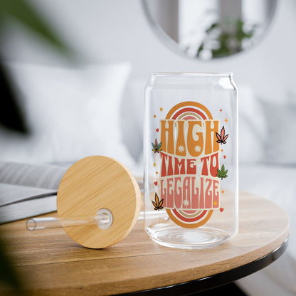 Glass Sipper Cup with Bamboo lid and reusable straw, featuring a retro design and the saying High Time To Legalize. Cute funny gift for progressive liberal friend and family. Unique Christmas stocking stuffer.