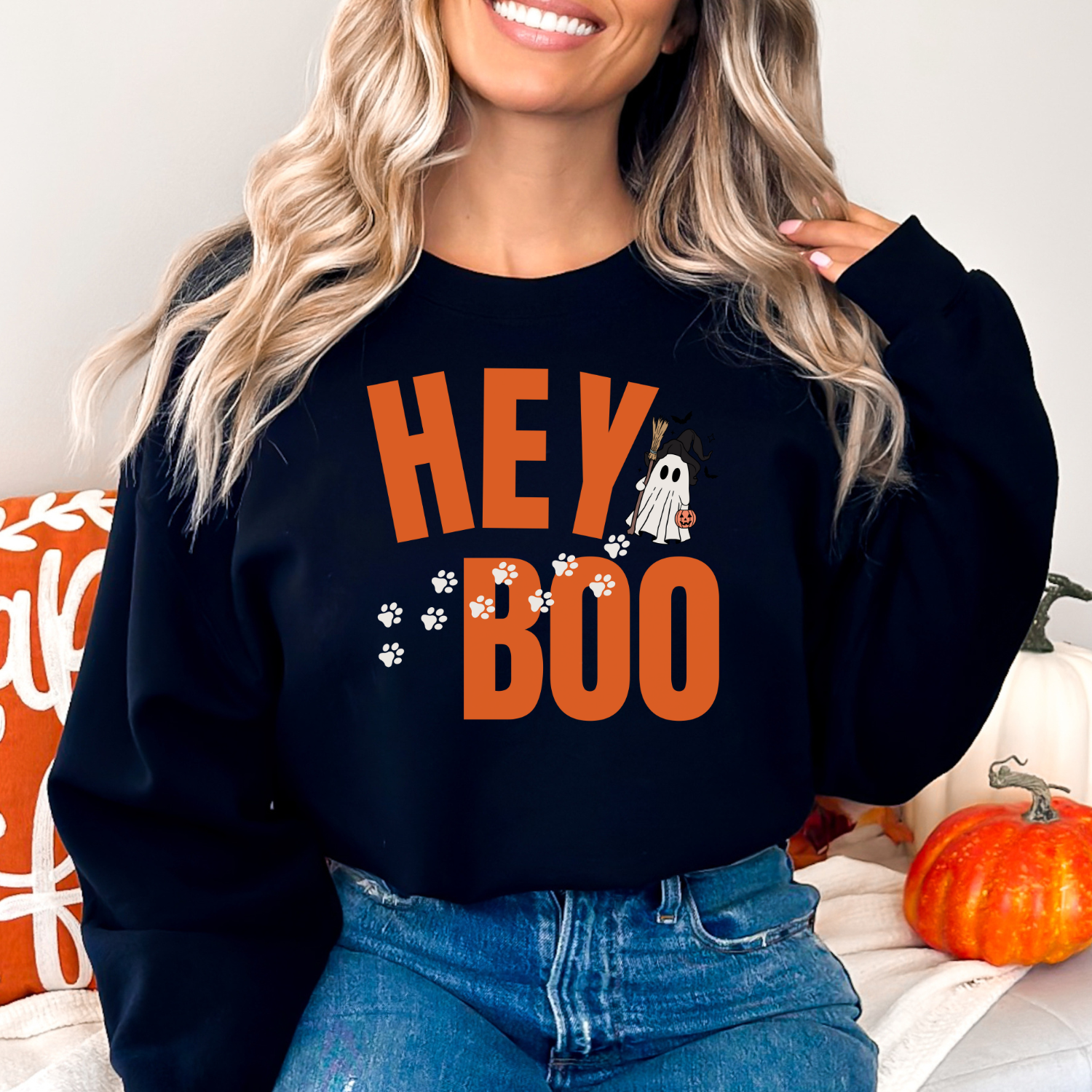 Black Gildan 18000 Halloween sweatshirt for dog-lovers, featuring an adorable ghost and paw prints from the Hey Boo Collection