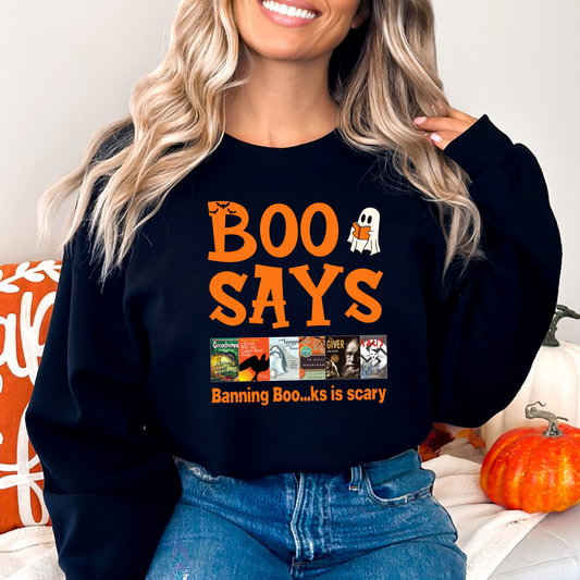 Boo Says Banning Books is Scary Gildan 18000 Sweatshirt