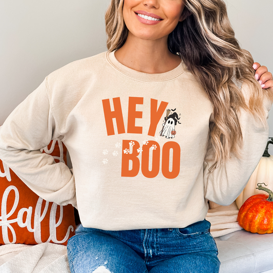 Sand Gildan 18000 Halloween sweatshirt for dog-lovers, featuring an adorable ghost and paw prints from the Hey Boo Collection