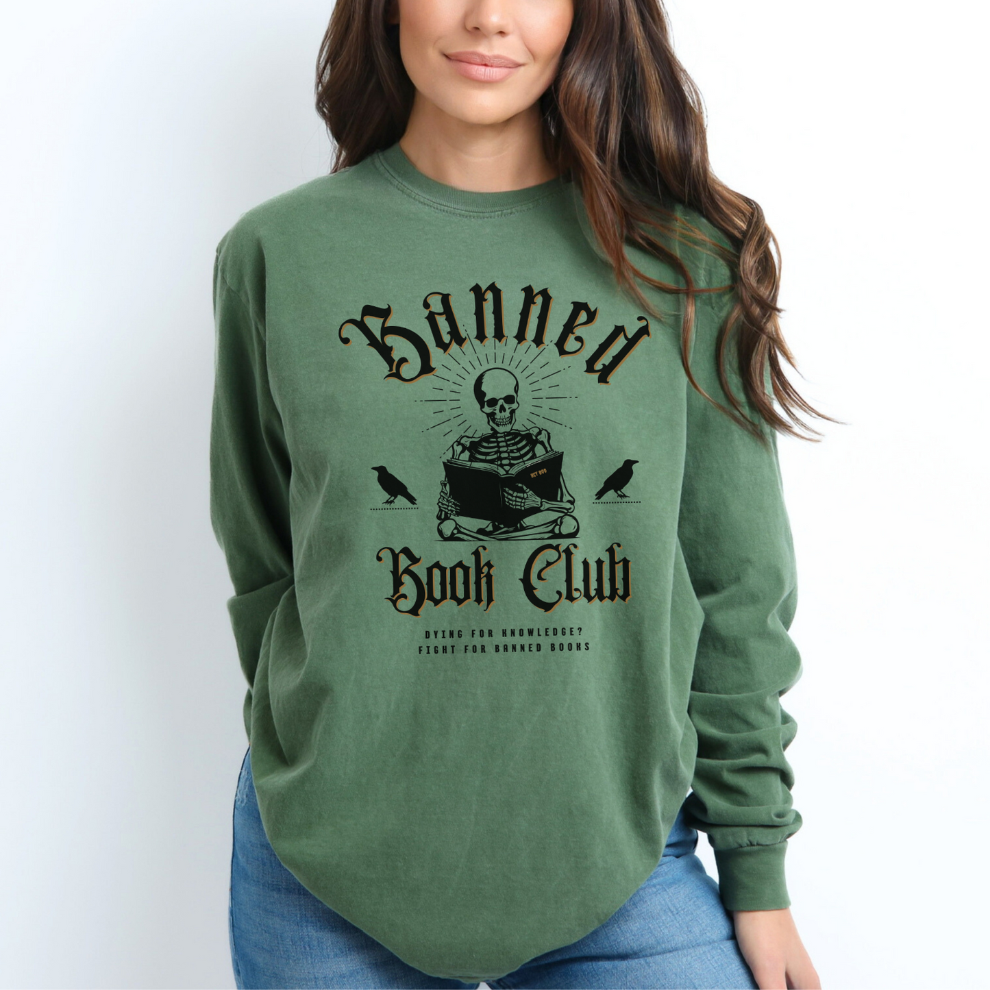 Hemp - Banned Book Club Comfort Colors long-sleeve t-shirt for reading lover. Has a spooky graphic of a skeleton reading and says "Dying for knowledge? Fight for banned books."  Perfect gift for avid readers, literary enthusiasts, English majors and librarians.