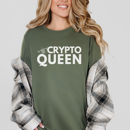 Military Green Bella Canvas 3001 T-shirt that says "Crypto Queen" with a crown and bitcoin symbol. It's the perfect gift for women in finance, supports of blockchain technology, and crypto currency.